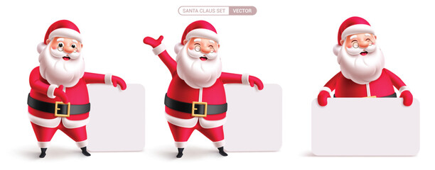 Santa claus christmas characters vector set design. Santa character holding empty white board collection in happy, smiling, funny face and waving pose. Vector illustration santa claus mascot 