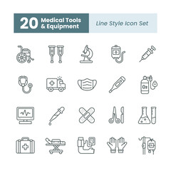 Medical tools and equipment icon set