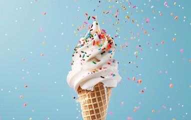 A creamy soft serve ice cream cone topped with colorful sprinkles on a pastel blue background. Perfect for summer celebrations, dessert promotions, and cheerful designs.