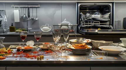 Illustrate a modern kitchen with a stainless steel sink filled with dirty dishes, including several wine glasses and fine china, with spilled food and sauce. 