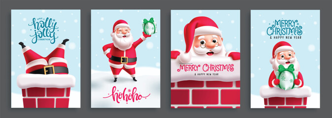 Christmas santa claus greeting card vector design. Merry christmas greeting cards with santa claus characters in chimney and snow winter template. Vector illustration gift tags collection. 
