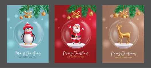 Christmas greeting card vector poster design. Merry christmas and happy new year gift tags ang card collection with santa claus, penguin and deer in glass balls hanging elements. Vector illustration 