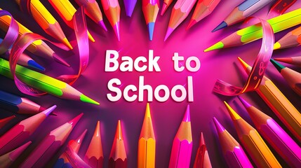 Illustrate a vibrant background with multiple colored pencils, each with a neon ribbon and the text "Back to School". The setting should be lively and energetic.