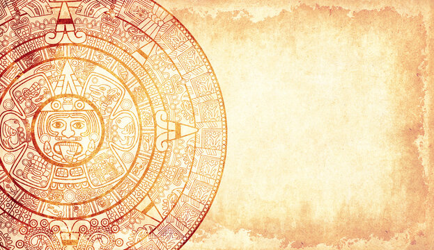 Horizontal background with Maya calendar and paper texture. Mock up template. Copy space for text
