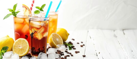 Summer cocktails, lemonade and iced coffee on a white background