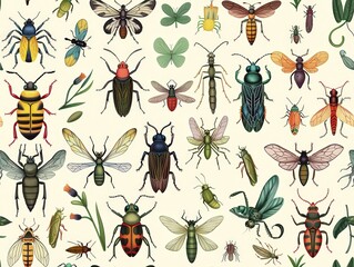 Vintage vector insect seamless pattern with floral and butterfly silhouettes