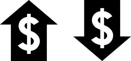 Cost reduction. Cost increase icon. Price reduced, discount icon. Low total cost icon vector image. Vector illustration isolated on background.