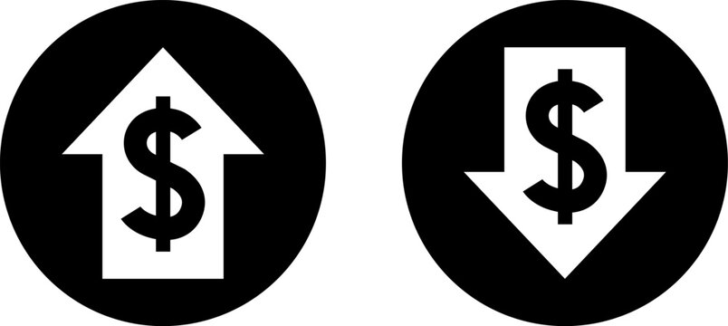 Cost reduction. Cost increase icon. Price reduced, discount icon. Low total cost icon vector image. Vector illustration isolated on background.
