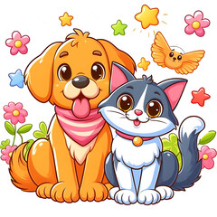 Cute cartoon dog and cat sitting together with flowers and stars, surrounded by a vibrant and cheerful scene.