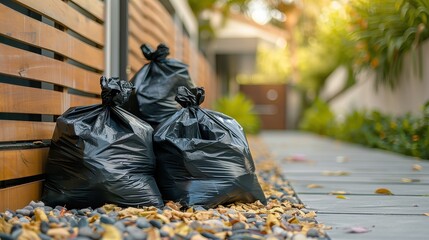 Many garbage bags and full waste bin at clean modern house, waste management concept,black plastic bag,Waiting for the rubbish keeper officers to take them away,Waste management.