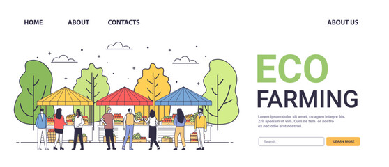 Naklejka premium Eco farming market scene with people buying fresh produce from stalls under colorful canopies surrounded by trees minimalistic style