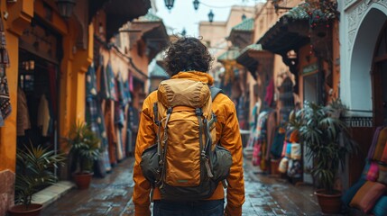 Fototapeta premium A man wearing a yellow jacket and a backpack is walking down a street