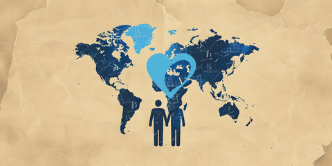 World Map with Heart and Two Figures Symbolizing Global Love and Unity on Vintage Background
