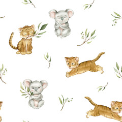 Obraz premium Seamless pattern with green eucalyptus leaves and cute tiger and koala. Watercolor isolated illustration on white background. Cartoon kids print with animals minimalist scandinavian style.