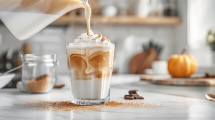 Pouring milk into a glass with warm coffee drink with pumpkin spice or cinnamon, whipped milk foam and chocolate in a white sunlit modern kitchen interior.