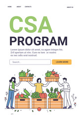 Fototapeta premium CSA Program community supported agriculture concept Eco-friendly farming with people holding vegetable crates Organic produce minimalistic line art