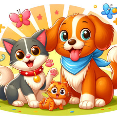 Fototapeta premium Playful cartoon cats and dog with butterflies in a colorful garden. Cute and cheerful illustration for kids and animal lovers.