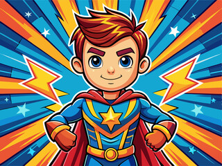Pop art comic book style Llittle boy dressed superhero show power and in retro pop art comic style. Invitation poster. © Anastasia