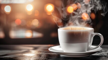 Obraz premium Close up mug with aromatic coffee white cup of hot aroma cappuccino espresso latte steam smoke on table morning breakfast drinking tasty drink cafeteria cafe restaurant caffeine beverage energy dinner