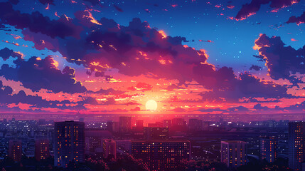 Obraz premium Illustration of a city in the afternoon with a sunset in pop art style