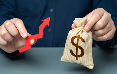 Businessman holding dollar money bag and red arrow of growth. Achieving a high return on investment...