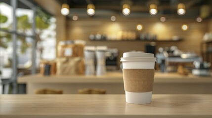 Coffee cup on wooden table in a coffee shop, mock-up