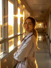 Woman doctor smiling in a hospital corridor, sunlight through windows