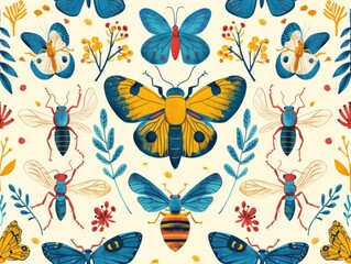 A collection of butterflies with a pattern of butterflies and flowers