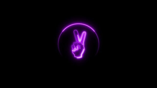 Abstract neon hand showing two finger icon magenta color animation on black background. Hand gesture v sign for victory magenta circle 4k video.