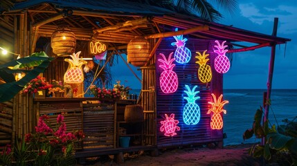 A cozy beachside shack glows with neon pineapple and coconut signs as dusk settles over the ocean, inviting passersby to enjoy a tropical atmosphere