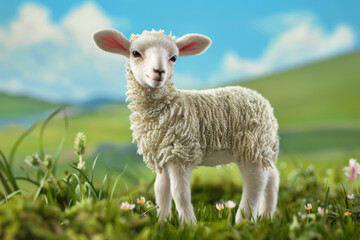 Naklejka premium A Fluffy White Lamb Standing in a Field of Grass and Flowers