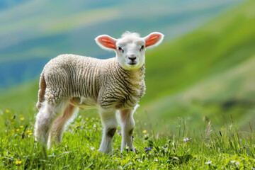 Obraz premium A White Lamb Standing in a Field of Grass