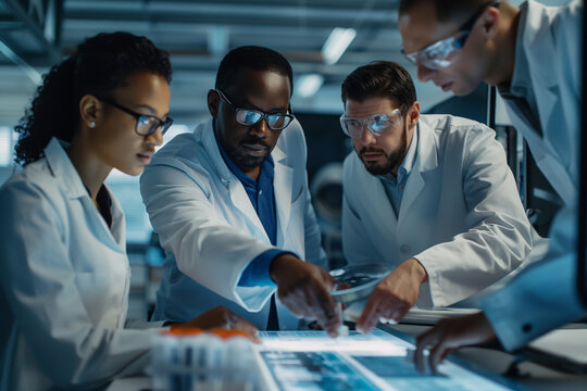 A diverse team of engineers collaborating on a cutting-edge project in a modern, high-tech lab