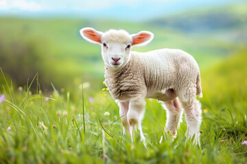 Fototapeta premium A Young White Lamb Standing in a Lush Green Field