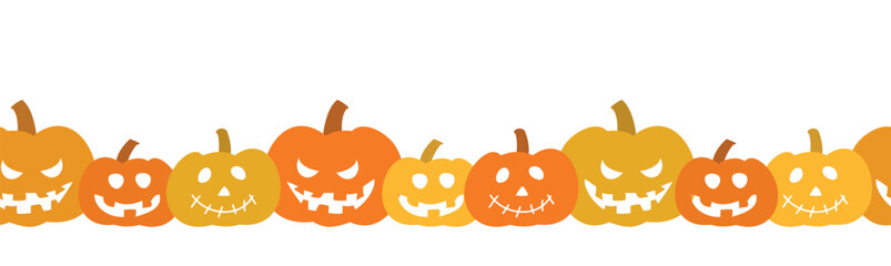 Halloween Pumpkins in a row isolated on white background. Hand drawn Halloween seamless border with pumpkins. Header for letters, websites, mailing lists.