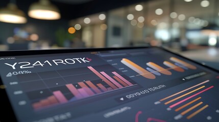 A close-up of a digital tablet showing a detailed yearly financial report with colorful line graphs and key data points, set against a modern office background.