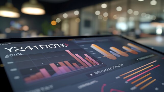 A close-up of a digital tablet showing a detailed yearly financial report with colorful line graphs and key data points, set against a modern office background.