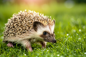 Fototapeta premium A Close-Up of a Hedgehog in Lush Green Grass with Dew Drops