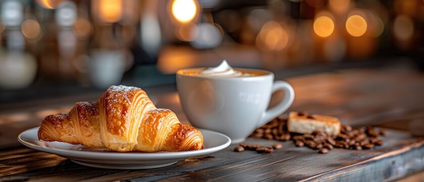 croissant served with latte on a blurred cafe background