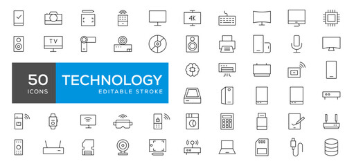 Device and technology line icon set. Electronic devices and gadgets, computer, equipment and electronics. Computer monitor, smartphone, tablet and laptop simple icon collections