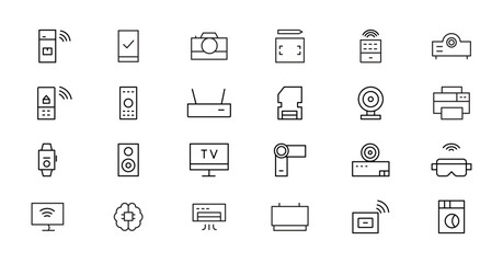 Device and technology line icon set. Electronic devices and gadgets, computer, equipment and electronics. Computer monitor, smartphone, tablet and laptop simple icon collections