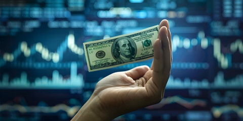 Hand Holding a Dollar Bill Against a Background of Financial Charts Representing Wealth and Investment