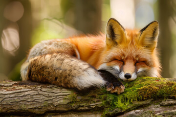 Obraz premium Red Fox Napping on a Mossy Log in the Forest