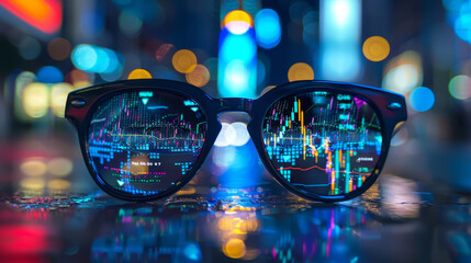 Occhiali con grafici di mercati finanziari