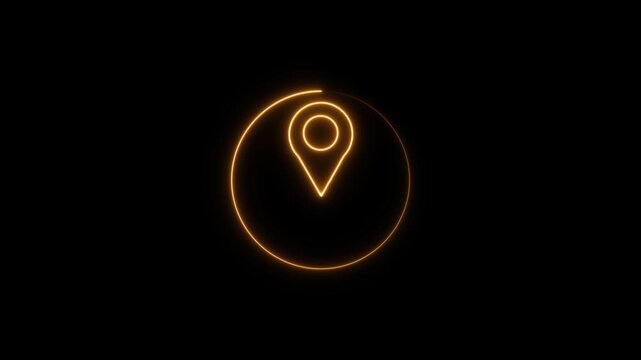 Abstract beautiful neon line location icon orange color animation.  glowing neon orange circle  line Map location pin on white background.