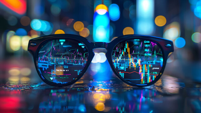 Occhiali con grafici di mercati finanziari