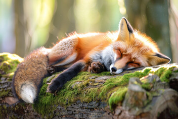 Obraz premium A Red Fox Sleeping Peacefully on a Moss-Covered Log