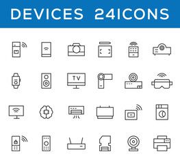 Device and technology line icon set. Electronic devices and gadgets, computer, equipment and electronics. Computer monitor, smartphone, tablet and laptop simple icon collections