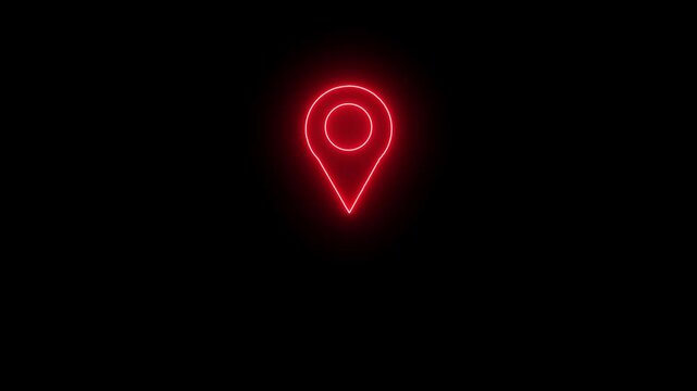 Abstract beautiful neon line location icon red color animation. Glowing neon line Map location pin on black background. 