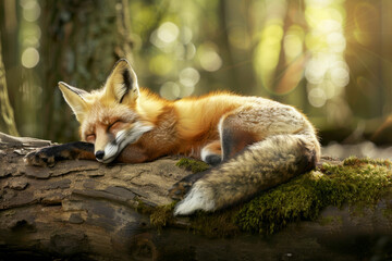 Naklejka premium A Red Fox Napping on a Mossy Log in a Sun-Dappled Forest